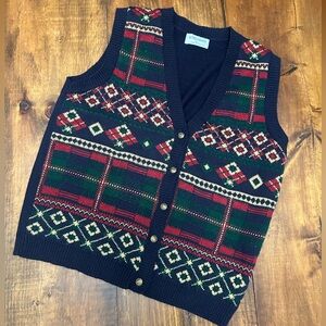 Alfred Dunner Vintage Womens Large Navy Green Red Winter Holiday Sweater Vest